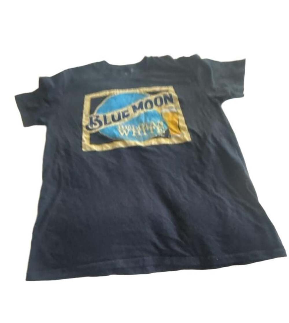 Blue Moon Shirt Mens Medium Blue Graphic Crew Neck Short Sleeve Stretch Beer